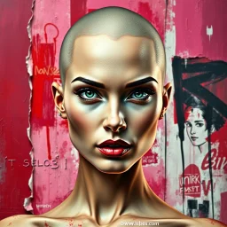 /imagine beautiful bald woman with a photorealistic face, high cheekbones, and intense gaze, against an abstract expressionist background of crimson red, blush pink, and magenta tones. Peeling paint texture and layered urban wall graffiti give a bold street art vibe. Visible brush marks enhance depth and movement, blending elegance with raw emotion. --style raw --ar 3:4 --v 7.0 --q 2 --stylize 150 --weird 250
