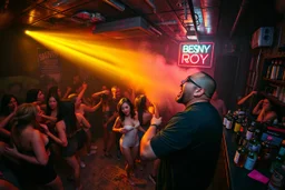 dans golv på en nedsliten sunkig techno club, många personer som dansar, yppiga kvinnor, mycket scen rök i lokalen, och gula röda strobes, en del personer ser in i kameran och skriker: "Benny!" och en Neon Skylt med texten "DJ ROY" på väggen, DJ Roy skriker rätt in i kameran, öppen mun, mycket flaskor och glas i baren