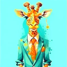 Cute smiling giraffe. Bright, cheerful colors. She wears a suit