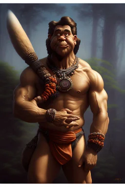 4k ultra-hd, hyper realistic, cinema lighting, fantasy art, in the style of Frank Frazetta -- Fred Flintstone wearing a short-sleeve, orange and black spotted, full body loincloth handsome, fair skin, black hair, thick eyebrows, large nose. broad shoulders, massive arms, , caveman dwelling background--