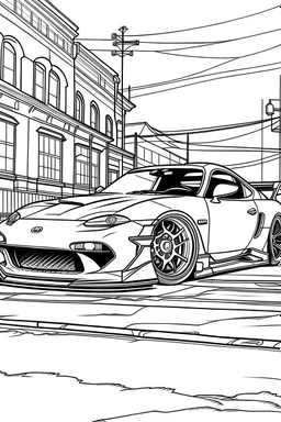 coloring page, car Toyota Supra alternative parked on the asphalt street, cartoon style, thick lines, few details, no shadows, no colors, centered in the image