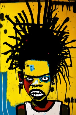 Contemporary spray acryl oil color painting of angry girl by Jean-Michel Basquiat under drugs, urban, stupid, psychodelic, abstract, lots of small signs --q 2 --v 5 --s 1000