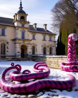 A magenta snowy castle with snake statues designed in Bayeux tapestry painted by Giovanni Battista Sassi