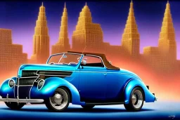 a true-to-life 1936 ford roadster, centered, intricate, extreme detailed, photorealism, center view, city background, pivot on ford, pen and color marker painting by cheryl kelley