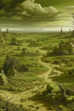 An olive green wasteland near an abandoned plague town painted by Edward Hicks