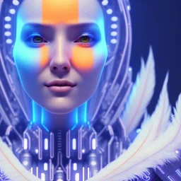 A beautiful portrait of a cute cyberpunk woman happy smiling, grain on the skin, blue and orange color scheme, high key lighting, volumetric light high details with white stripes and feathers full length clean art NFT, soft lighting, soft pastel gradients, high definition, blender 3d cinematic, op art, visionary art, sacred geometry, fractal, white balanced