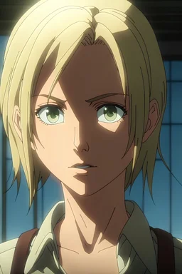 Attack on Titan screencap of a female with short, wavy light hair . light eyes..and a sexy body with a male.long and wavy brown .cheek