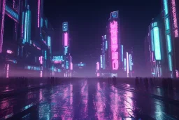 3D, beautiful, light reflecting, empty future city skyline at night, rainy night, neon, cyberpunk, tron, one cyborg walking, 8k, finely detailed, photo realistic