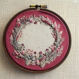 exquisite whimsical in embroidery hoop, intricate, highly detailed, linen and wood backdrop