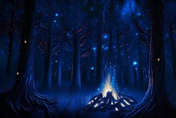 campfire in the night, tree trunks on ground, forest, dark blue glowing light, fantasy, magic, dark, stars, sparkle