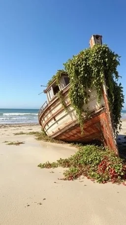 An abandoned old boat damaged and covered with see weeds on the beach , half of it buried in the beach sands