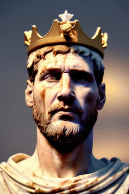 Realistic image, Roman sculpture made in white marble with gold veins, Lionel messi with gold laurel leaves crown, decorative star on the chest, waist up portrait, marble material, gold ornaments, Baroque style, sun rays background, epic, celestial, cinematic lighting, God lights, 4k resolution, smooth details, soft lighting, unreal engine 5, art station, substance 3d.