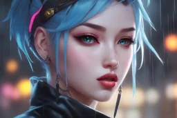 Jinx in 8k realistic anime drawing style, Dismal them, neon effect, close picture, rain, highly detailed, high details, detailed portrait, masterpiece,ultra detailed, ultra quality