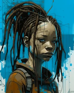 arafed minimal crude sketchy, abstract acrylic and ink painting: gritty post-apocalyptic portrait of a Black woman with dreadlocks and a mechanical headpiece. Her crude and vague face features dirt and bright blue paint. She wears distressed brown clothing against an abstract background of vertical cyan and brown paint streaks