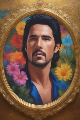 a man's face inside a round gold frame, Paul Stanley/Elvis Presley/Keanu Reeves/Jon Bernthal, multicolored, large, Floral/rainbow designs, atmospheric, beautiful, oil painting by Boris Vallejo, 4k UHD, Photorealistic, professional quality