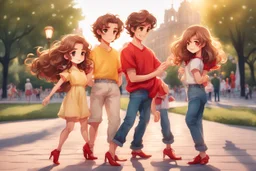 a cute chibi spanish man with short curly brown hair cropped at the back in yellow T-shirt and jeans with a cute chibi contented girl with long brown hair and brown eyes in a red elegant jumpsuit and red high heels, and a chibi girl with blonde brown hair in a beige dress dancing dynamically in Madrid in the Retino park, in candlelight, ethereal, cinematic postprocessing, airplane in the sky