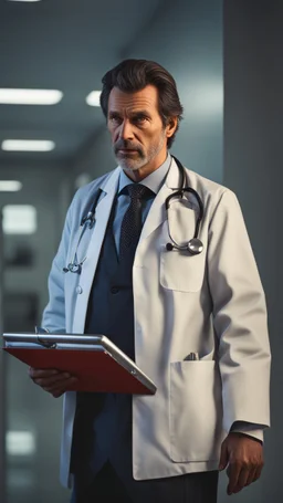 photorealistic hyperdetailed portait of a doctor holding a clipboard and frowning