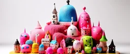 A light pink magical woolly town made out of toys painted by Joan Miro