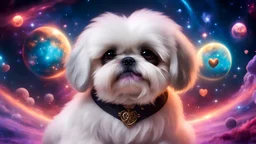 fluffy large eyed happy baby white-gold shih-tzu in sith lord uniform in the distance a colorful intricate HEART shaped planet similar to earth in a brig ażht nebula. sparkles. Cinematic lighting,vast distances, swirl. fairies. magical DARKNESS. SHARP. EXTREME DEPTH. jellyfish