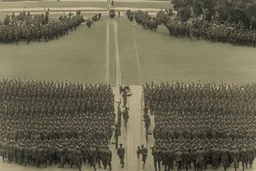 military parade; two columns of soldiers; birds eye view; soldiers marching