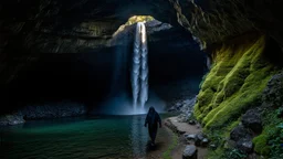 Interior of a large, natural cave. A tall waterfall cascades down one side, illuminated by a shaft of sunlight from above.a hooded figure is walking on a rocky path within the cave, further back from the waterfall, in a more dimly lit area. The path winds through the cave. Moss and other vegetation grow on the cave walls. Water pools below the waterfall. Photorealistic, 8k resolution, highly detailed, dramatic lighting, volumetric lighting
