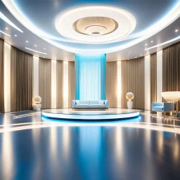 beautiful dance stage with no dancers in luxury modern hall dynamic lights, modern furniture light blue & cream theme