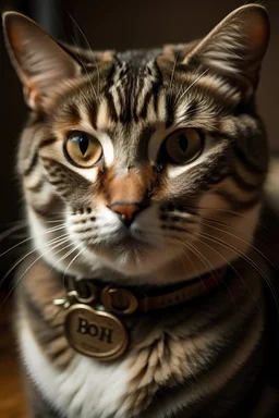 A cat with a collar around its neck that says "Bóg Honor Lotnia"