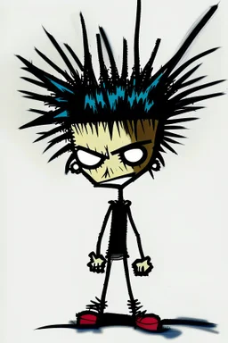 2d drawing of a stickman, cool with punk hair, x eyes like in hangman, flying, 3d realistic in colour