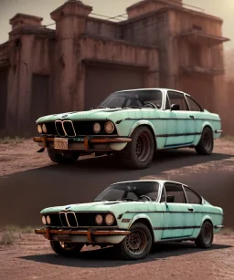 Realistic image. Grunge BMW 4 2024. 4k resolution, intricate details, ornate details, soft lighting, vibrant colors, mad max background