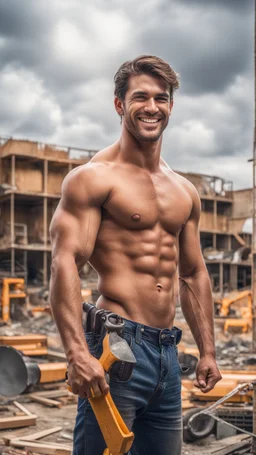 Hyper Realistic photographic-view of a Handsome-muscular-shirtless male construction worker with brown-hair-&-attractive-black-eyes giving-attractive-smile-&-posing at a construction-site with his tools at cloudy-day showing dramatic & cinematic ambiance