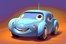 whimsical cartoon car with big eyes and a friendly smile, accompanied by various mechanical parts that form the shape of the car. The cartoon car should have a round body and a pair of big, round headlights that look like eyes. The eyes should be friendly and cute, with thick lashes and a bright sparkle. The car should also have a wide grille that forms a smile, with a row of teeth made of tiny nuts and bolts. The smile should be slightly crooked.