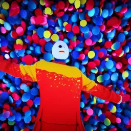 red, yellow, blue, primary colors, funny, goofy, abstract blob, circus, party, glitter, bokeh blur, guassian blur, tilt-shift, photograph, HD, 8k, hyper realistic, blender, 3d model, rendering, clown, bright lights, zoom in, portrait