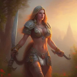 cinematic, majestic female barbarian, bodybuilder woman, bokeh, castle fortress, by thomas kinkade mark keathley terry redlin