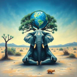 elephant in the lotus position under a yew tree in the desert, ethereal blue green earth globes circle above the elephant's head, fantastical, mystical, oil painting, symbolic, sacred keeper of Earthy memories