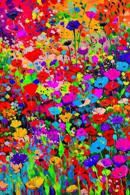 A field of colorful flower, the return to innocence, abstract, weird, childlike, chaos80