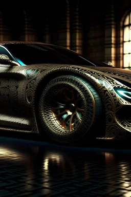 Arabic sport car design orned with Islamic patterns, highly detailed,arabesques, Arabic ornaments, fantastical,hyper realistic, Arabic Patterns , Arabic calligraphy, full image, bar light