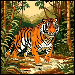 Indian tiger art like this https://www.sundarbanwildlifetourism.com/wp-content/uploads/2022/05/sundarban-tiger-safari-india.png in ukiyo-e art style with inspiration from the gucci tiger, make it aggressive