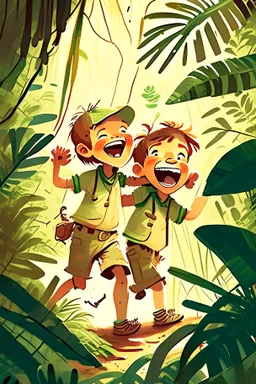 Two boys playing in jungle happily