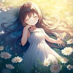 anime girl sleeping in a distant field of flowers