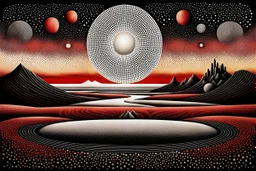 Pointillism style with black-red ink surreal abstract landscape, standing and floating geometric shapes, circles, ovale and squares with overlapping shadows, and reflections in iced-desert scene, dark complementer colours, surreal sky, lightning, detailed, masterpiece