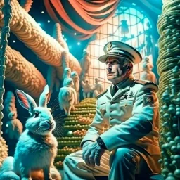 portrait of macho gestapo army officer on a ladder inside glowing mushroom grove with huge fluffy space rabbit, 4 k, down-light, soft light, depth of field, photo realism, trending on art station, high detail, spray paint