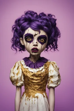 full color, illustration of a darkpurple and gold tones, menacing, Singer Melanie Martinez face, as a decayed, broken, crude homemade cloth doll toy, with a narrow cracked porcelain face, thick dark eyebrows, hair in two gradually, made from ragged strips of cloth, in the style of Alex Pardee, Tim Burton, and Nadya Sheremet