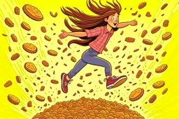 egy hosszú, barna hajú lány dinamikusan lovagol át az égbolton, egy süteményekből rakott kupacot ugrat át. fénylő hold, csillagfényben