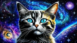 cat-alien stunning weird hybrid , in background galaxy, stars, fantasy, detailed, masterpiece intricate on encaustic deep Byzantian space ancient art , details, HDR, glitch, metallic, cold colors, sharp focus, 64 megapixels, sci-fi mood