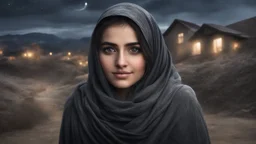 Hyper Realistic close-up-photographic-view of Beautiful-Happy-Pashto Girl covering her face with grey-shawl with beautiful eyes wearing-black-dress standing outside village-houses giving-bold-expressions on mountain-top at night with cloudy-moonlight showing dramatic & cinematic ambiance