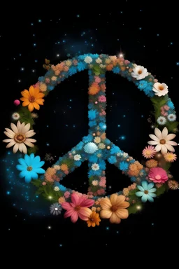 Peace sign made of stardust and water and flowers.