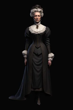 warm but stern aunty victorian era, posh british accent influenced, high born facial features dnd character on a solid black background, full body image, high quality realistic.