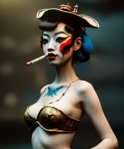 Surreal, steampunk , , cabaret scene. Geisha Asian woman. Birds, Fat old man, smoking, happy, hot, color fog, people background, highly detailed, concept art, unreal engine 5, god rays, ray tracing, RTX, lumen lighting, ultra detail, volumetric lighting, 3d, finely drawn, high definition, high resolution.