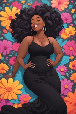 A sassy thick-lined chalk art style cartoon black female lounging lazily on her side, surrounded by colorful large flower petals. her curvy body silhouette a black maxi dress. Looking up coyly, she grins widely, showing teeth. Her poofy hair forms a mane framing her confident, regal expression.