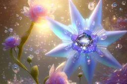 one big crystal subtle flower in a galactic ambiance, transparent petals, delicate colors, in the foreground, with a very little beautiful fairy, full of details, smooth, bright sunshine，soft light atmosphere, light effect，vaporwave colorful, concept art, smooth, extremely sharp detail, finely tuned detail, ultra high definition, 8 k, unreal engine 5, ultra sharp focus